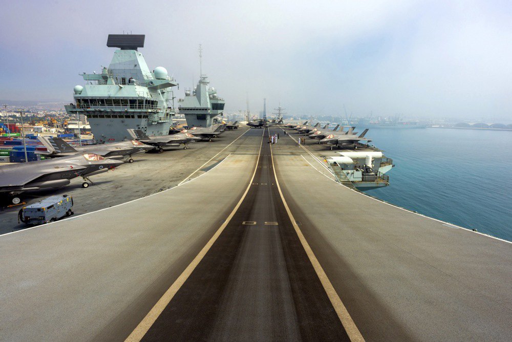 Runway for Lockheed Martin F-35B Lightning II fighters on the deck of the Royal Navy flagship HMS Queen Elizabeth in Limassol, Cyprus.