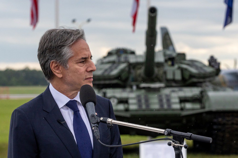 U.S. Secretary of State Antony Blinken talks to journalists against the background of military equipment and weapons handed over by the Czech Republic to Ukraine, Prague, on 30 May, 2024.