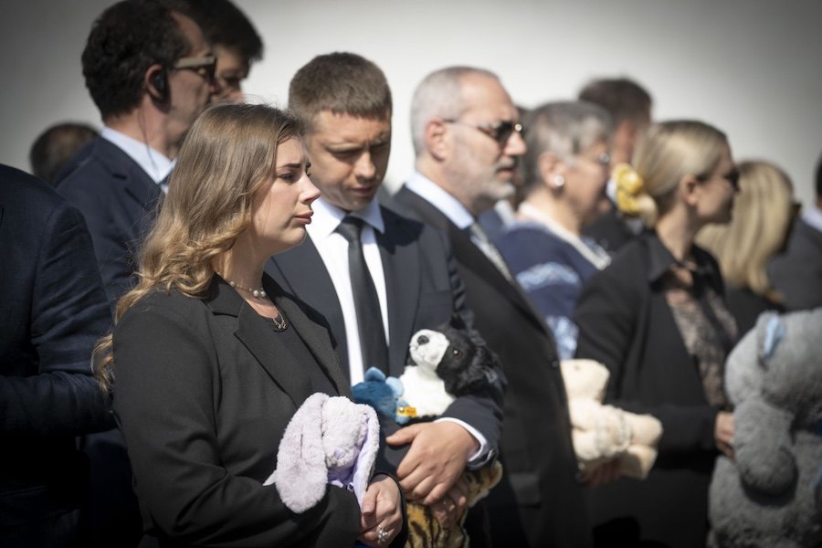 Iryna Dmytriyeva, a mother who lost her daughter in a missile strike on central Vinnytsya in July 2022, and Maksym Kulyk, who lost three children in an attack on Kryvyy Rih November 2024.