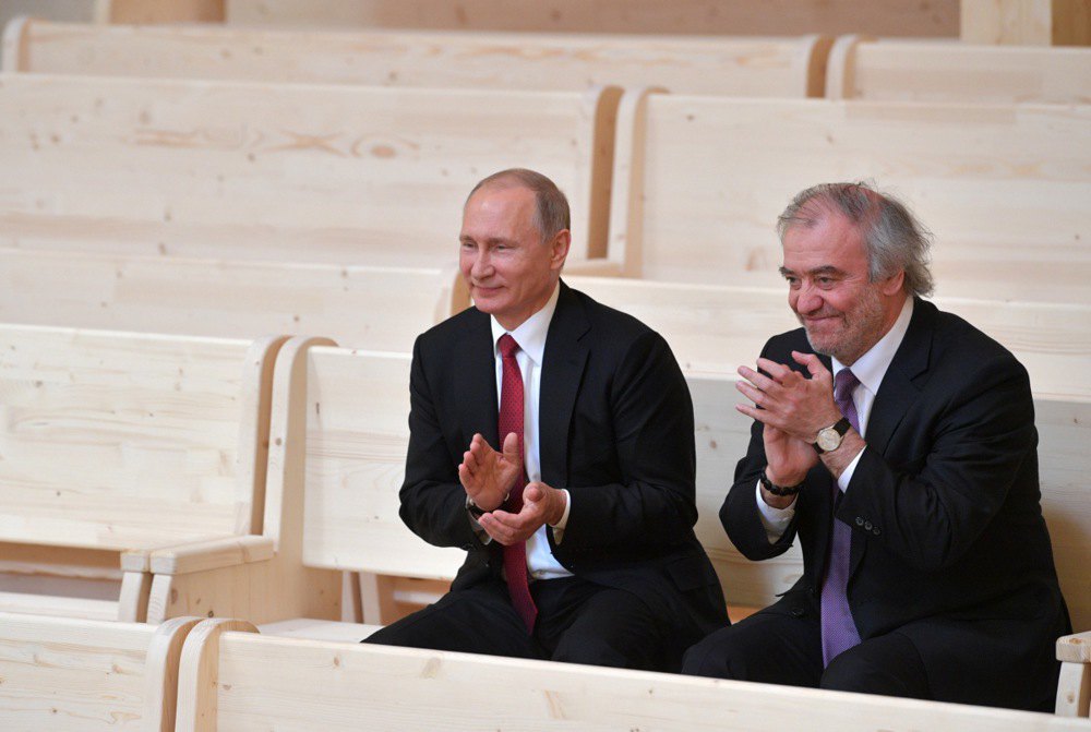 Then artistic director of the Mariinsky Theatre Valery Gergiev and Russian President Vladimir Putin after a performance at the Mariinsky Theatre in Repino, near St Petersburg, 3 June 2017.