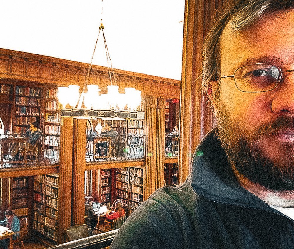 In the library of the Yale Theological School.