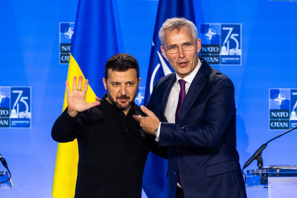 President of Ukraine Volodymyr Zelenskyy and NATO Secretary General Jens Stoltenberg speak at a press conference during the NATO Summit in Washington, 11 July 2024