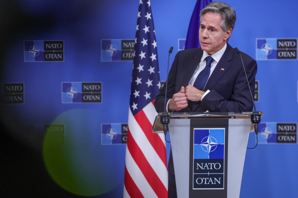 US Secretary of State Antony Blinken delivers his closing remarks after the NATO-Ukraine Council meeting, Brussels, 29 November 2023 