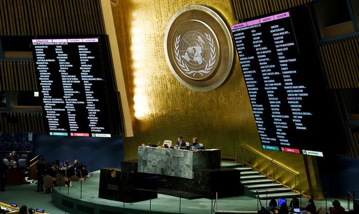 The screens show the results of the vote at a special session of the UN General Assembly condemning
recent US decisions regarding the status of Jerusalem, New York, USA, 21 December 2017