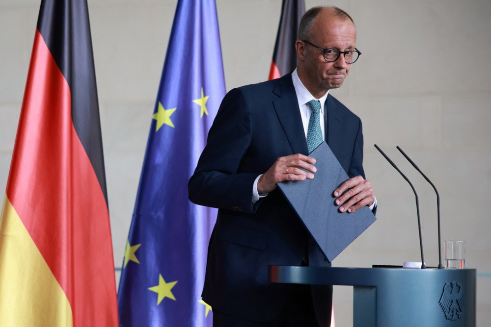 German Chancellor Friedrich Merz during a speech in his office after a government meeting in Berlin, 28 July, 2025.
