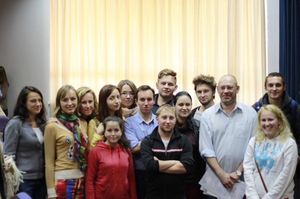 Paweł Reszka with his students, first year of the School of Journalism of UCU on the eve of the Revolution of Dignity, 2013