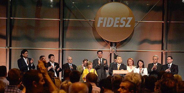 Viktor Orban speaks in Budapest about the party's score in the parliamentary election on 25 May 2014.