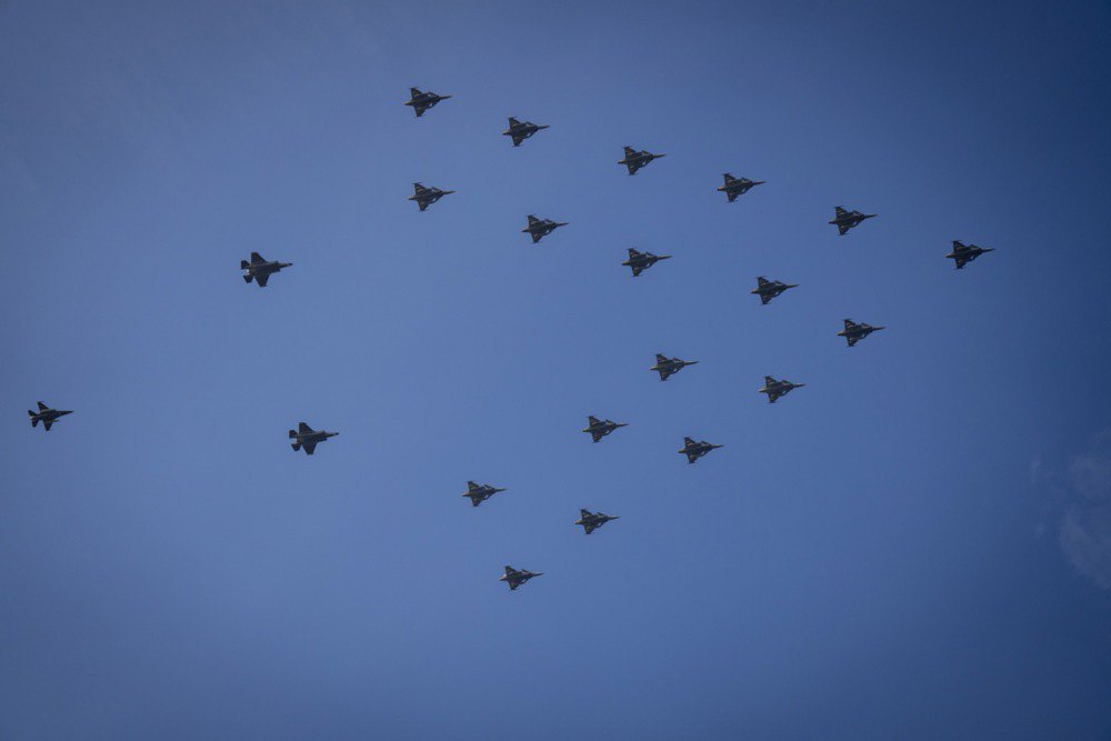 Fighter jets flying in a Christmas tree formation over Copenhagen, Denmark, December 16, 2025