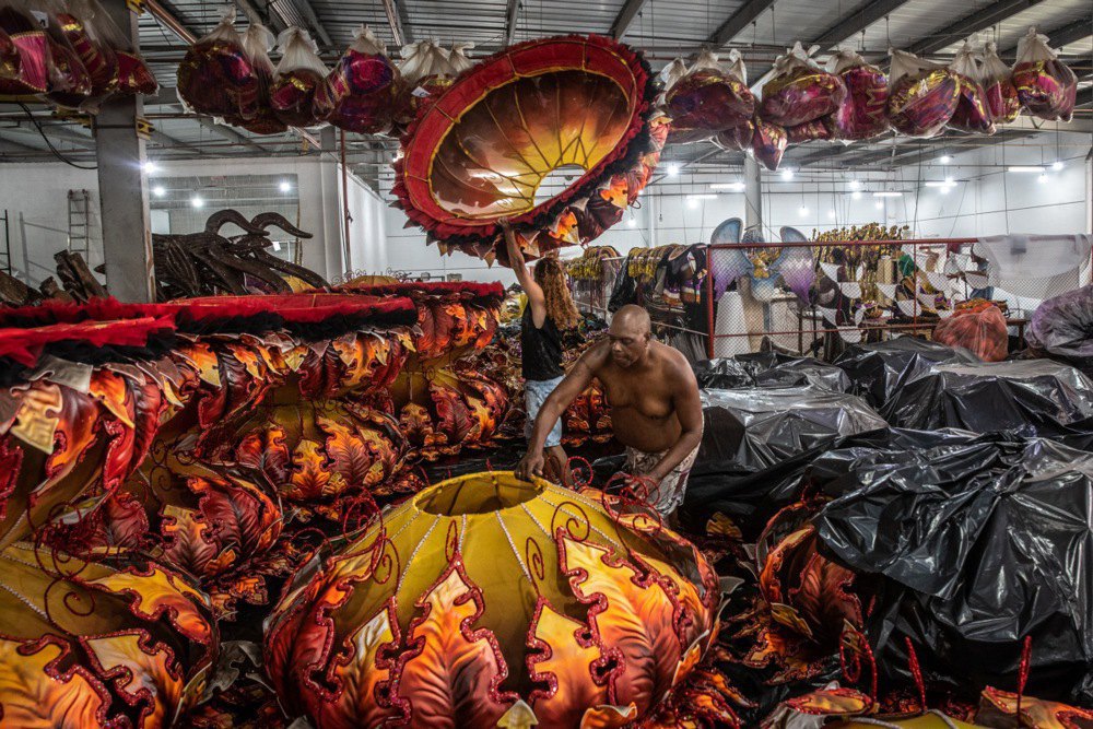 Members of the Salgueiro samba school in Rio de Janeiro, Brazil, preparing for the carnival on 1 February 2023