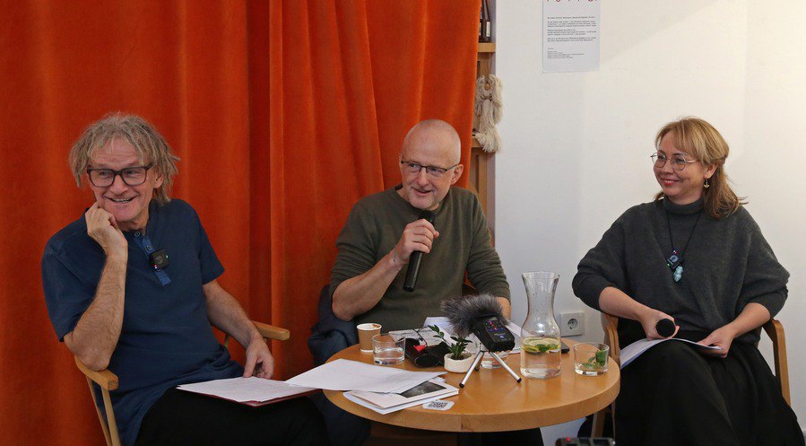 Polish poet Jacek Podsiadło, moderator Paweł Próchniak and poet, journalist Nataliya Tkaczyk