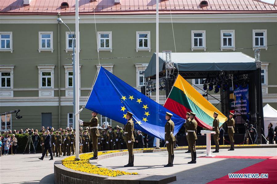 The flags of the EU and Lithuania raised during the ceremony on the occasion of the 15th anniversary of Lithuania's membership in the European Union in Vilnius, Lithuania, on 1 May, 2019.