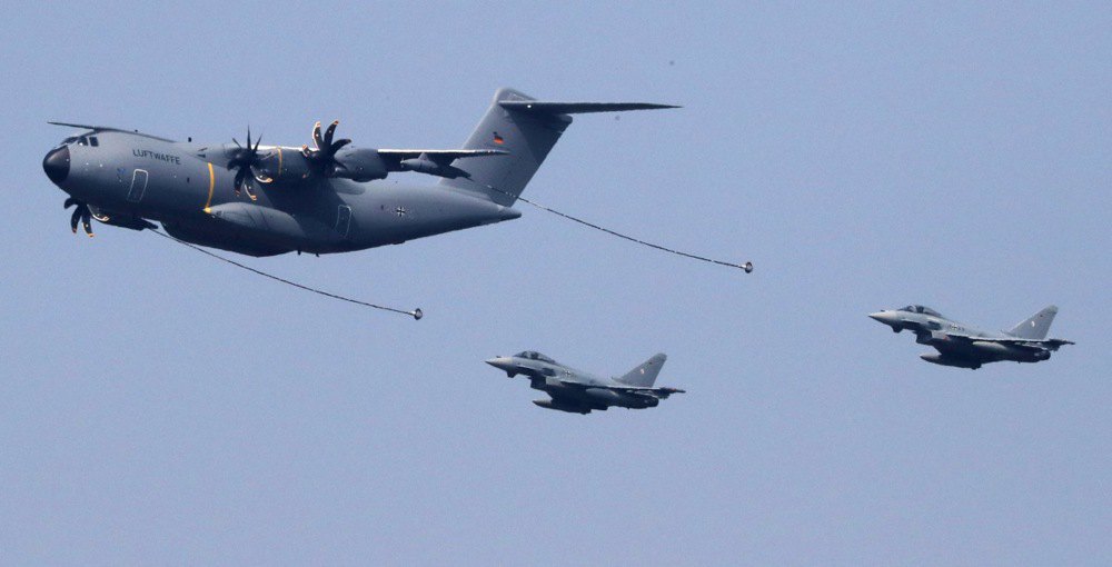  Air refuelling tanker Airbus A400M refuels Eurofighter jets during NATO exercises in Münster, Germany.