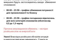 Ukrenergo: Hourly Power Outage Schedules to Apply in Ukraine Tomorrow