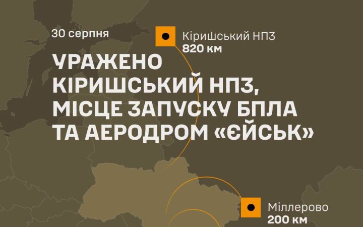 Генштаб підтвердив ураження НПЗ у Кіришах, місця запуску БпЛА та аеродрому «Єйськ» 
