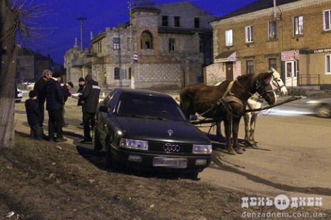 ​В Хмельницкой области мужчина угнал повозку лошадей и врезался на ней в припаркованную машину 