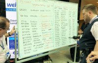 В британском аэропорту персонал пишет информацию о рейсах вручную на белых досках