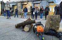 Участники акции в защиту Протасова Яра принесли под Офис президента дрова