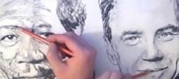 Китайский художник рисует разные портреты двумя руками одновременно 